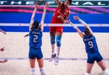 Brasil perde de virada e fica com vice na Liga das Nações Jogadoras da seleção brasileira de vôlei feminino em quadra durante partida