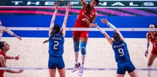 Brasil perde de virada e fica com vice na Liga das Nações Jogadoras da seleção brasileira de vôlei feminino em quadra durante partida