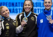 Lorrane Oliveira e Caio Souza conquistam ouro no Brasileiro de Ginástica Ginastas competindo durante as finais do Campeonato Brasileiro de Ginástica Artística em Brasília